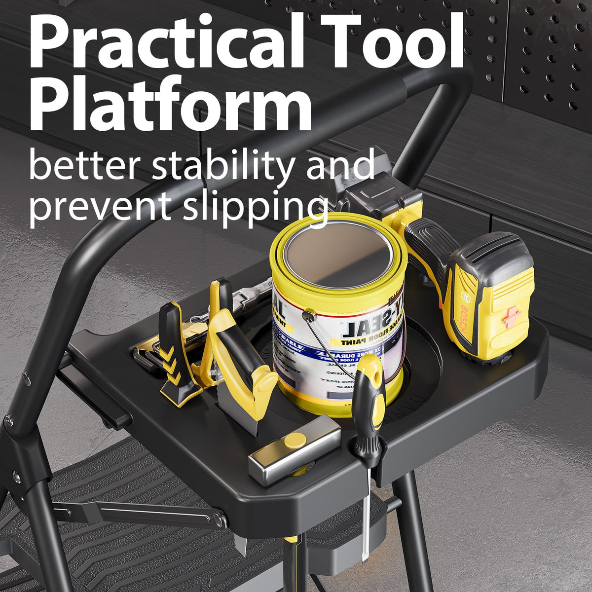 Anti-slip wide pedals on KINGRACK ladder ensure secure footing.