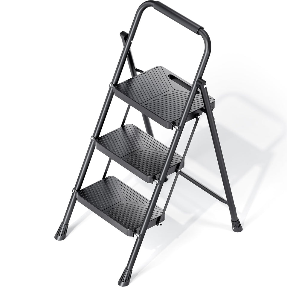 KINGRACK folding 3 step ladder open view shows sturdy steel frame and wide stepping surface.