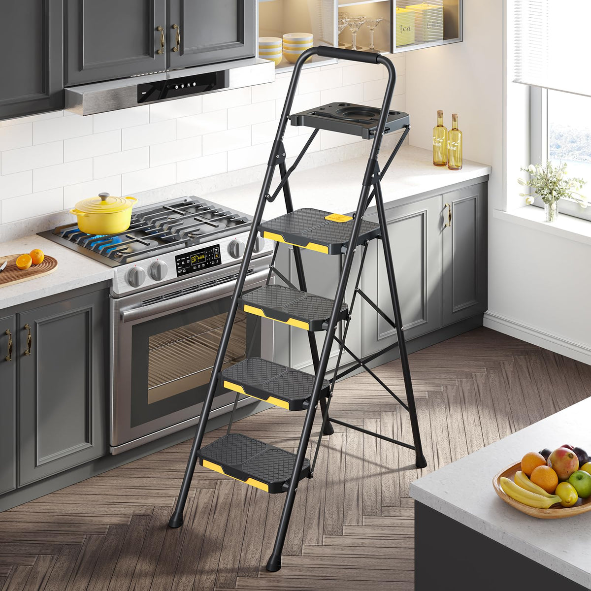 KINGRACK ladder with tool platform keeps gloves and tools within reach.