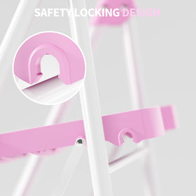 KINGRACK pink ladder shown in kitchen for reaching cabinets.