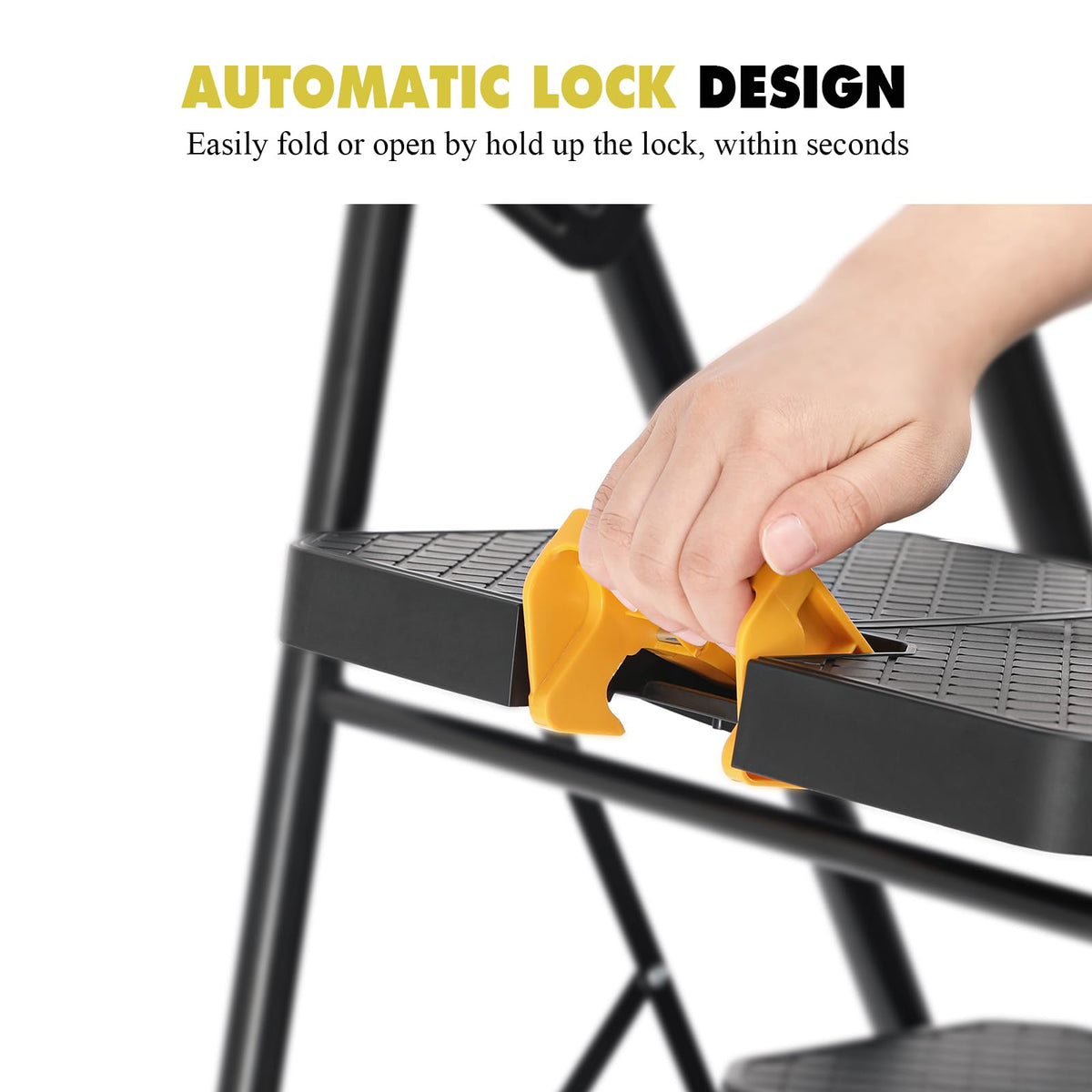 KINGRACK safety locking mechanism auto-secures the ladder when opened.