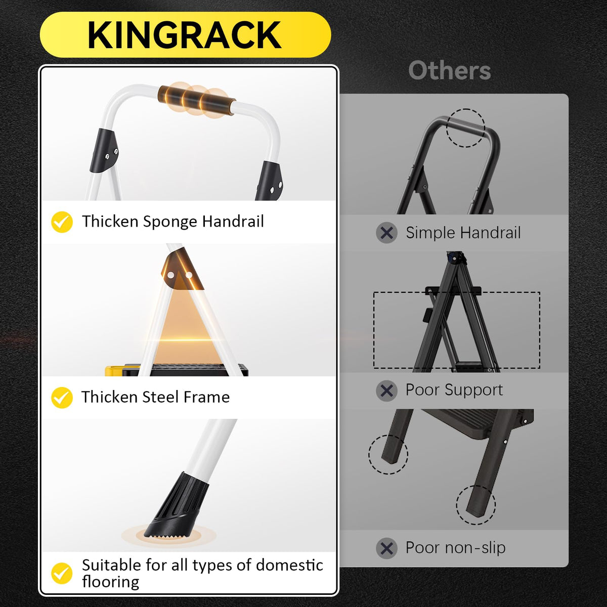 KINGRACK soft sponge handrails add comfort during frequent grip and climb.