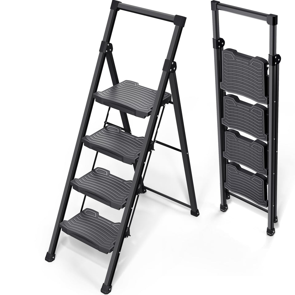 Kingrack 4-step ladder opened for use, sturdy and reliable in reach tasks