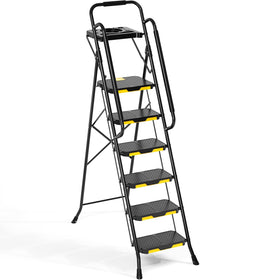 KINGRACK Step Ladder folded for compact storage and easy portability.