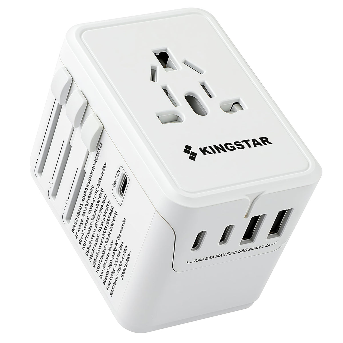KINGSTAR universal travel adapter 6-in-1, compact outlet for worldwide charging on the go.