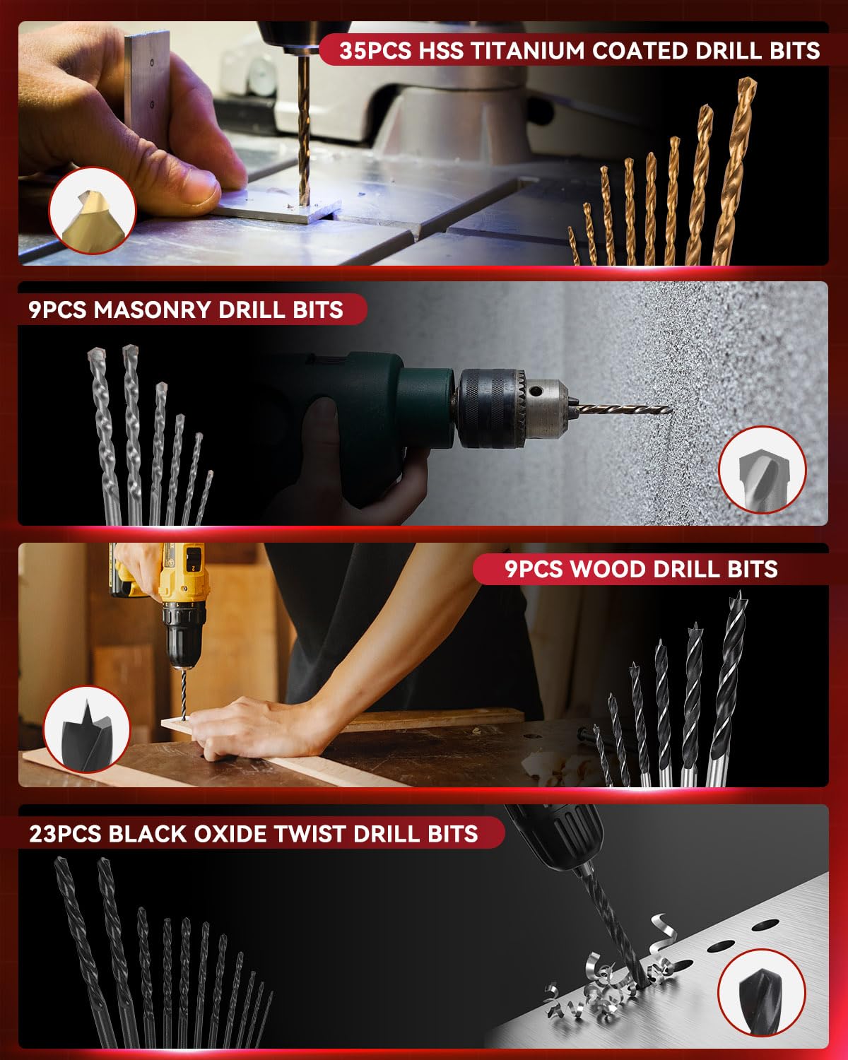 KingTool HSS drill bits with titanium and black-oxide coatings for precise metal and wood work