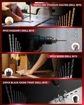 KingTool HSS drill bits with titanium and black-oxide coatings for precise metal and wood work
