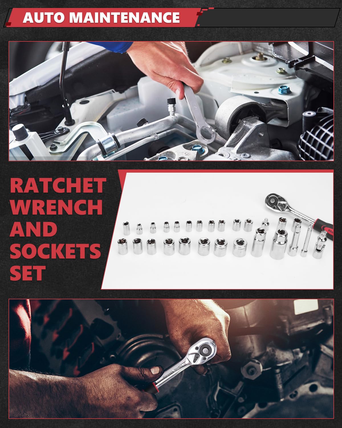 KingTool SAE sockets and screwdrivers enable precise fastener work.