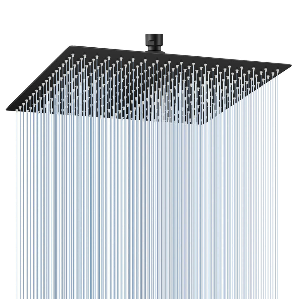 KINLIV 16-inch matte black rain shower head overhead view for immersive spa-like coverage.
