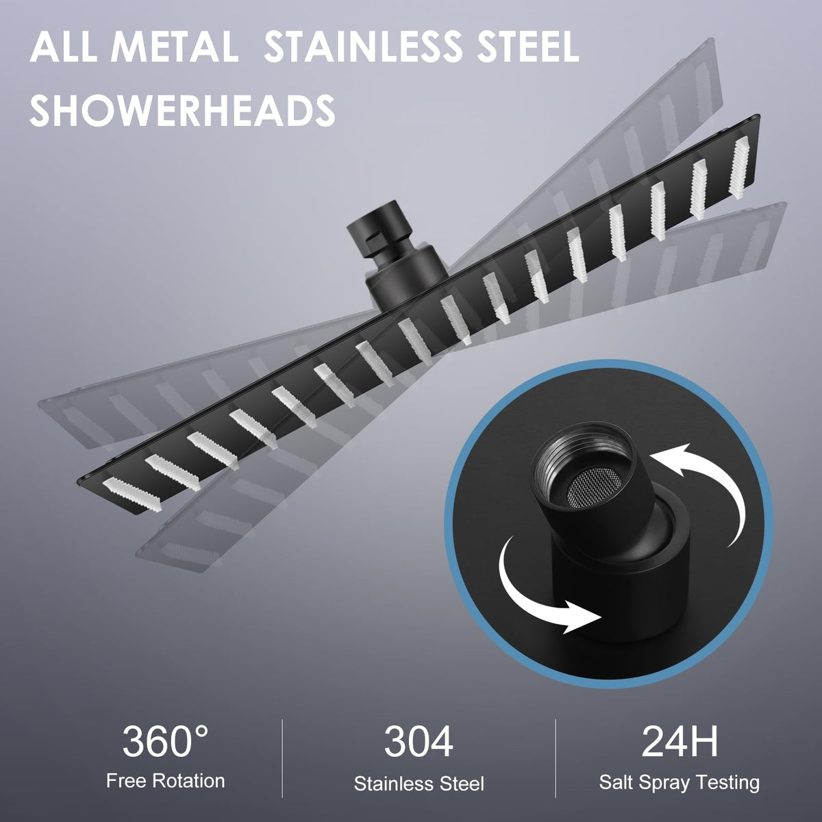 KINLIV 304 stainless steel shower head in matte black for rust resistance and durability.