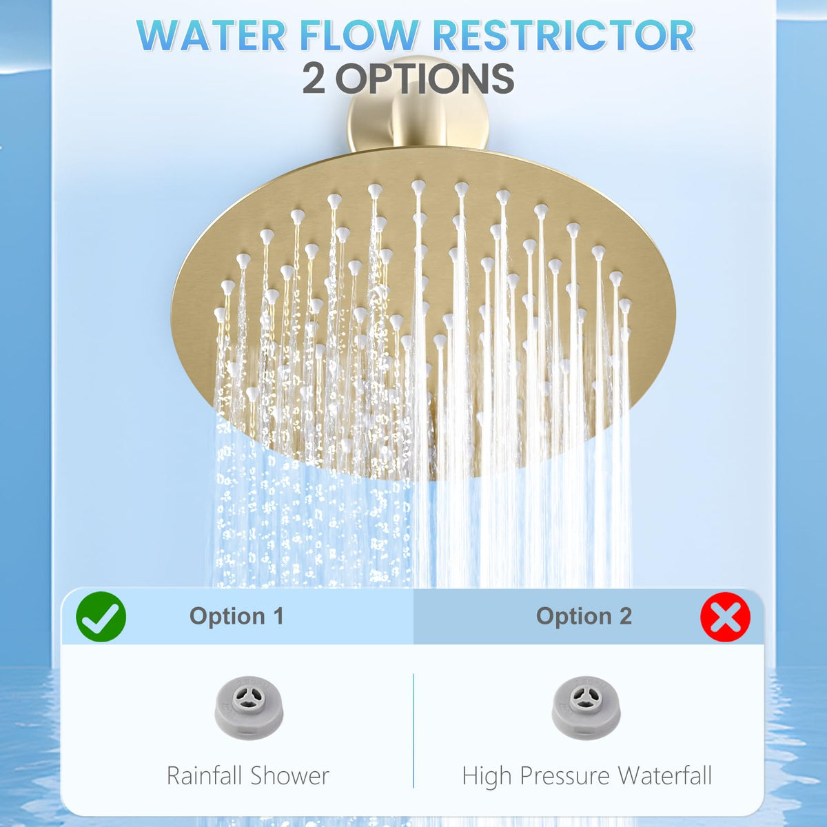 KINLIV brushed gold shower head features anti-clog silicone nozzles for easy cleaning