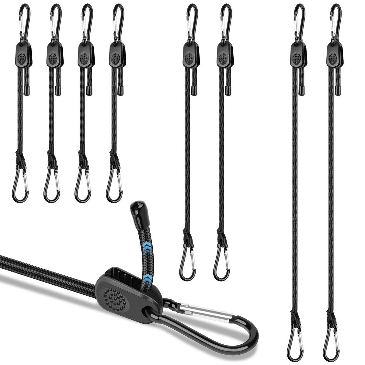 Kinzomor adjustable bungee cords with carabiners, 8-piece set, versatile for securing outdoor gear