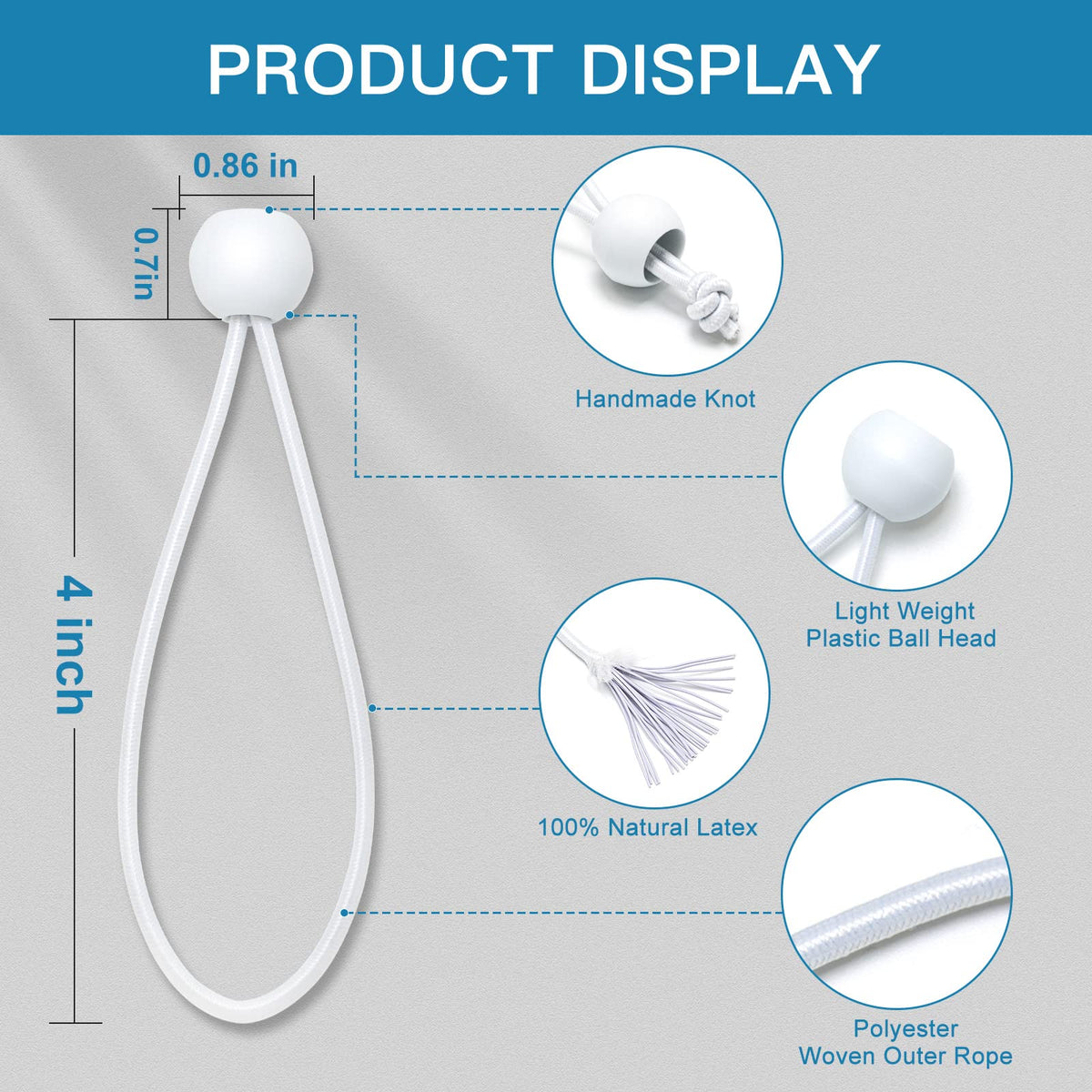 Kinzomor ball-bungee cords white ball closeup highlights resilient, weather-resistant design.