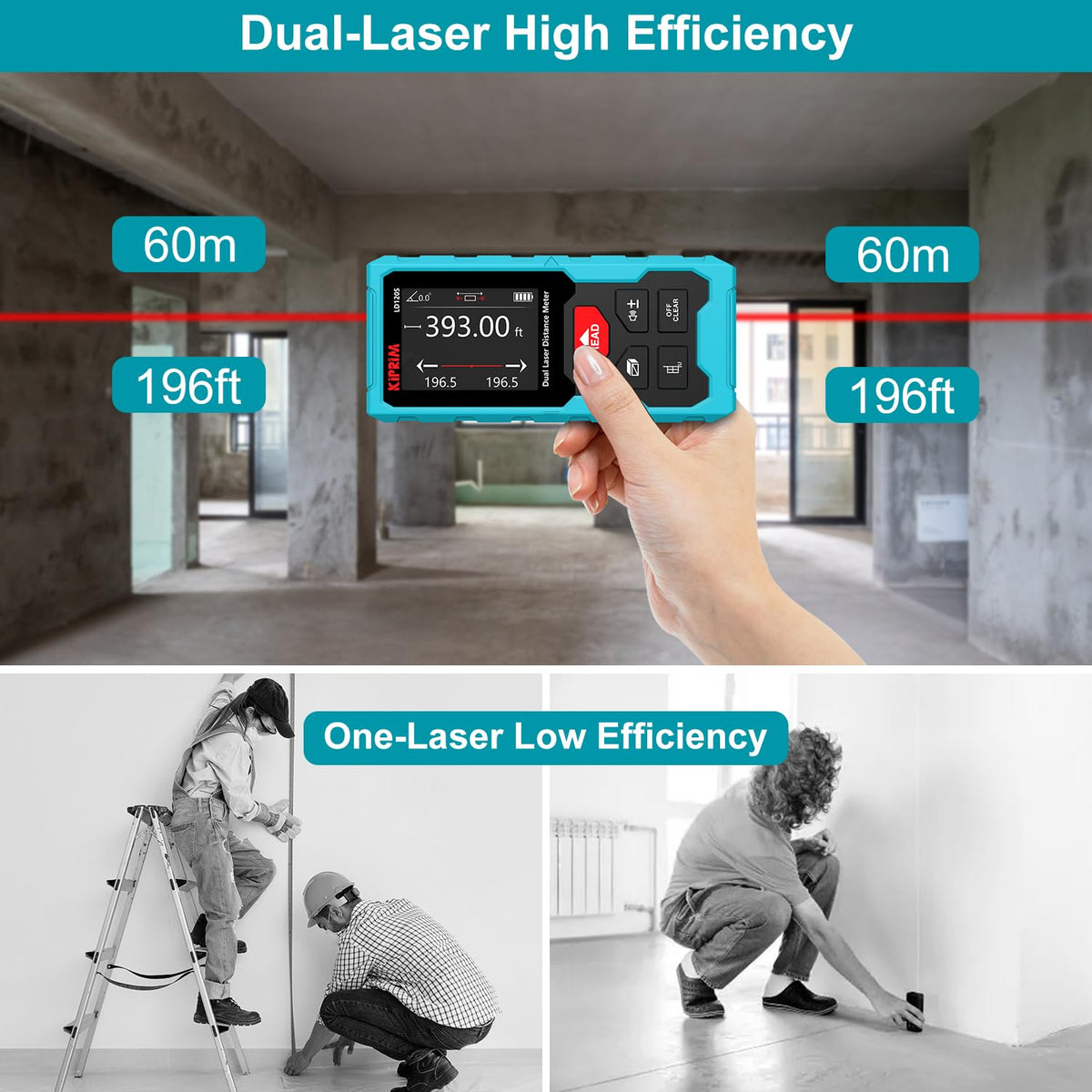 Kiprim LD120S 393ft range supports long room layouts and outdoor planning.