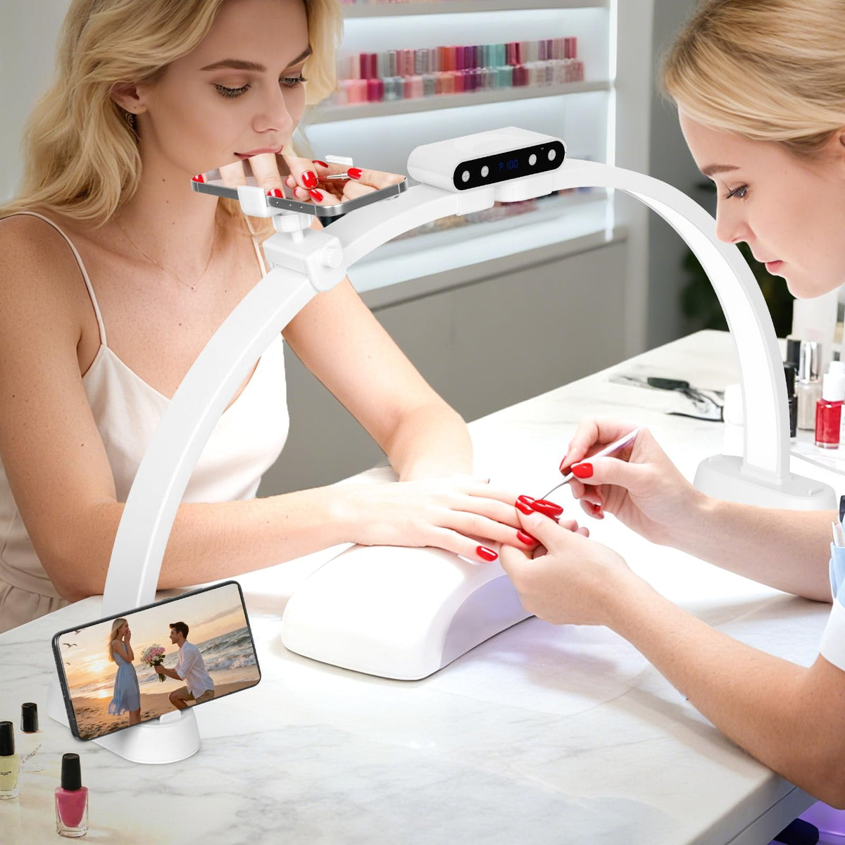 KIRKAS half-moon nail lamp with foldable arch for precise lighting.