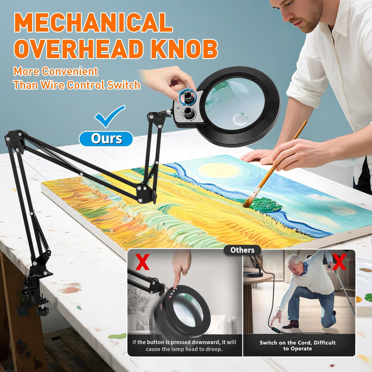 KIRKAS extra-long 35-inch arm enables flexible overhead positioning.