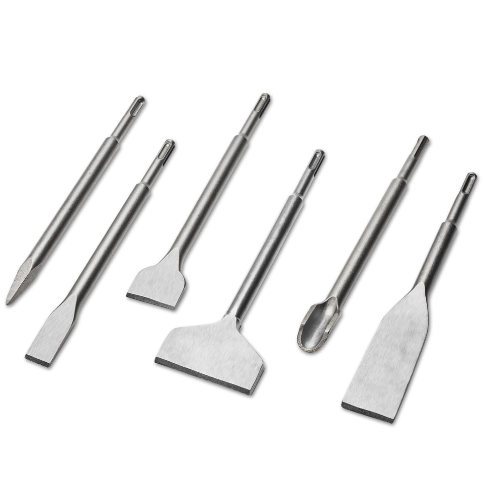 Kirphealy 6-piece SDS Plus chisels set for tile removal and wall work.