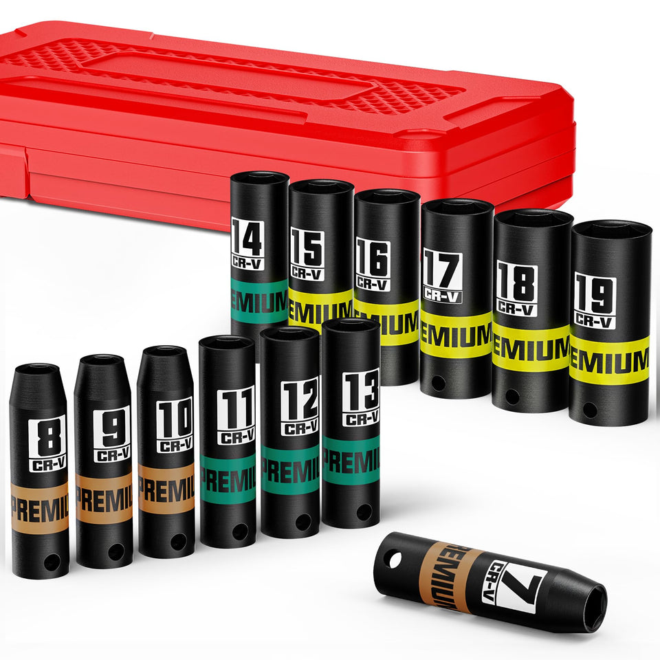 KIRXST deep socket set in 3/8 drive layout for quick size identification.