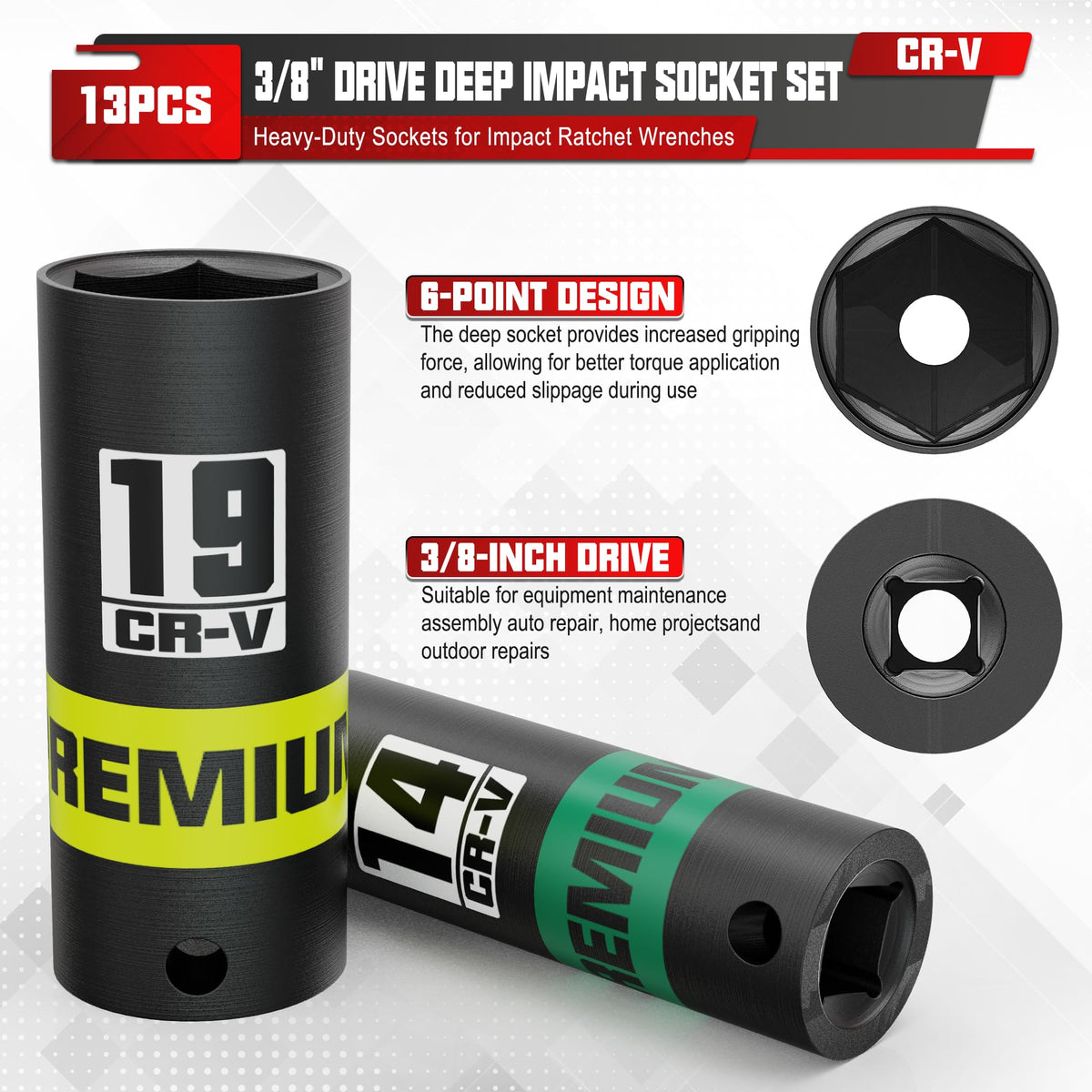 KIRXST 6-point deep sockets maximize grip on stubborn fasteners.