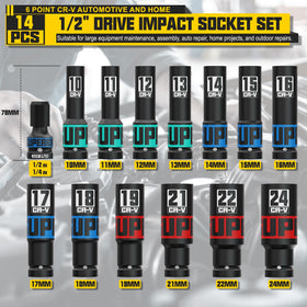 KIRXST deep sockets 10-24 mm with color bands enable fast size identification