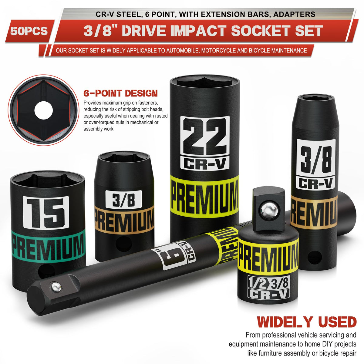 KIRXST SAE deep and shallow sockets handle large and small fasteners.