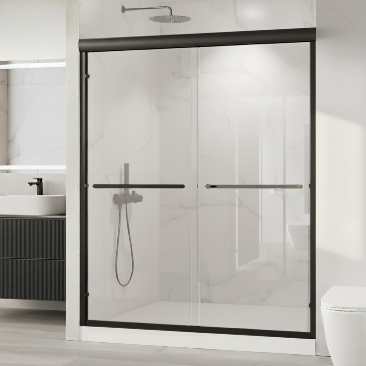 KisaTub shower door with matte black aluminum frame, offering a sleek look and durable performance.