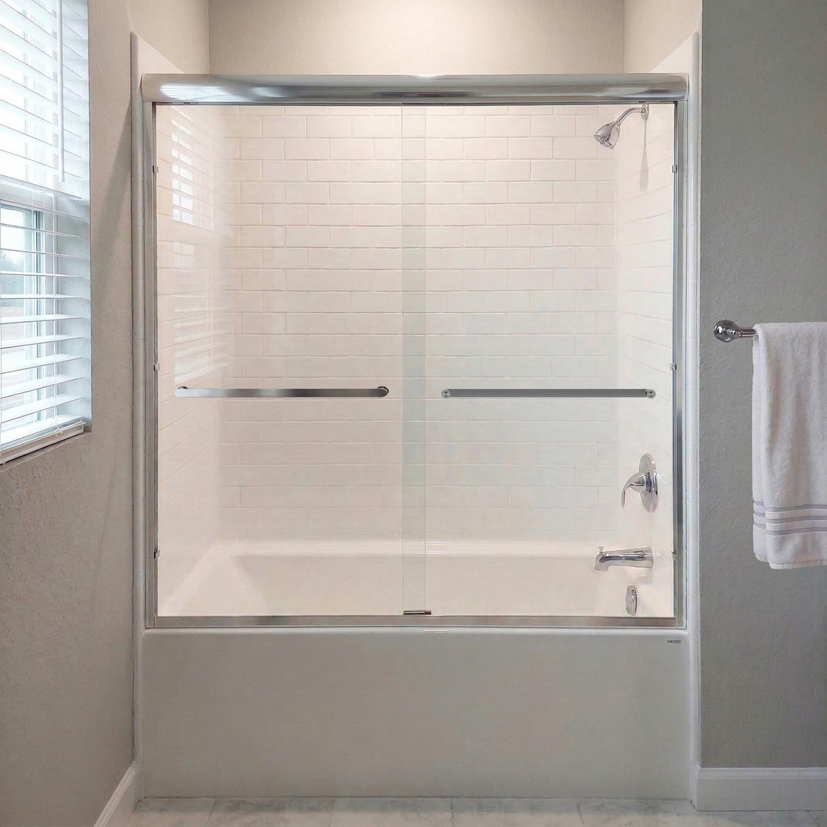 KisaTub sliding-door frame assembly shows adjustable fit for 56–60 inch openings.