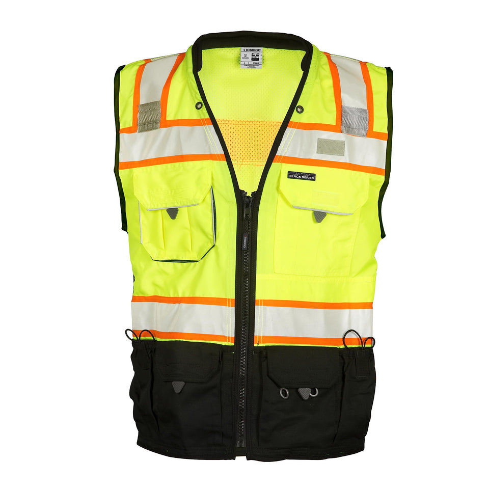 Kishigo Premium Black Series lime vest front view highlighting high visibility design for day and night work