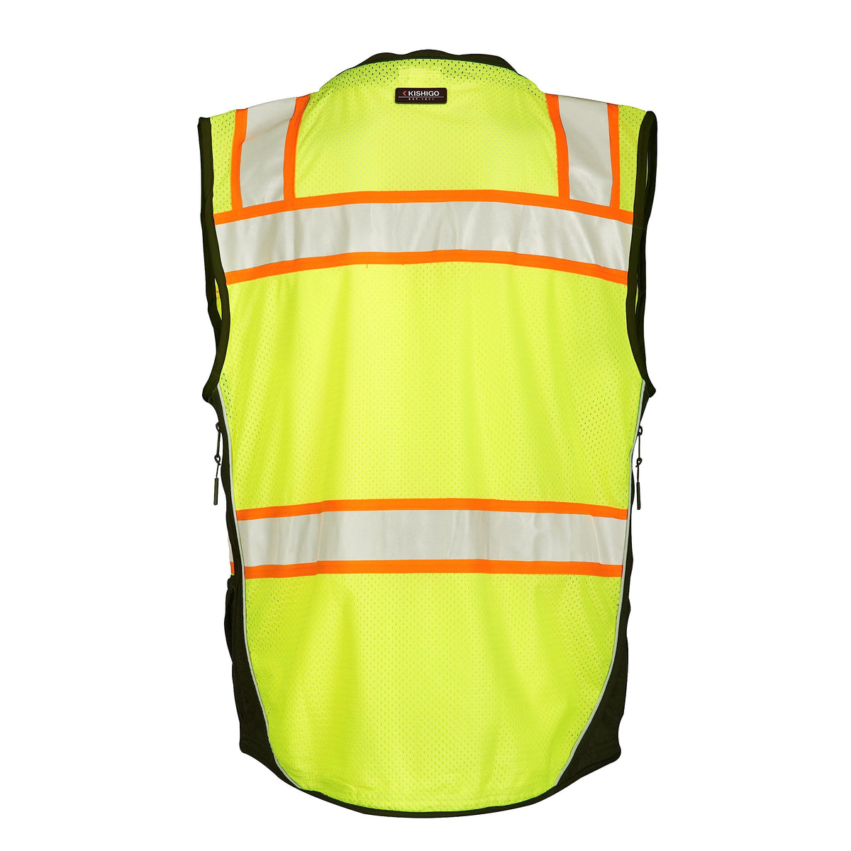 Kishigo S5002 lime vest back with breathable mesh for cooler comfort.