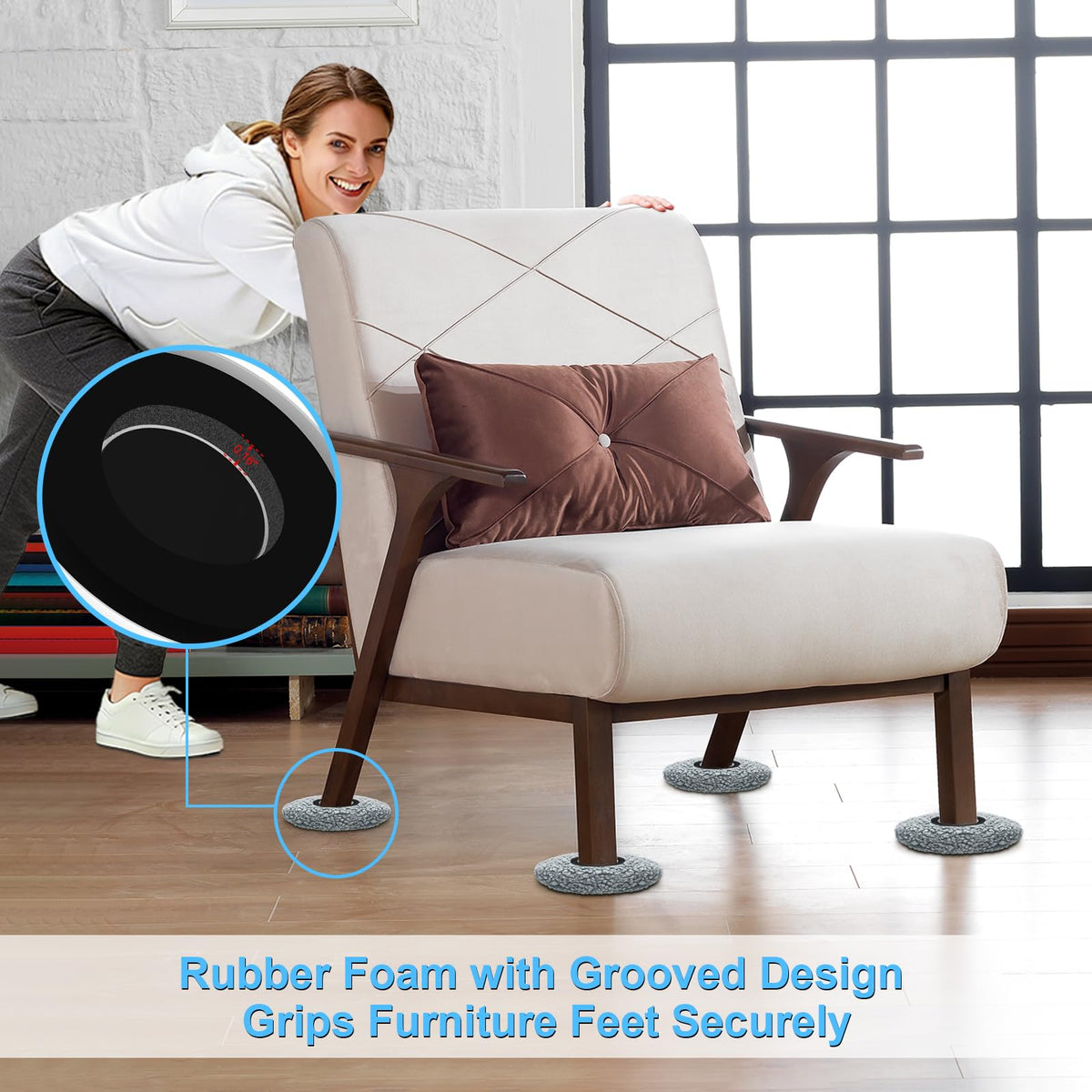Kiss Core floor-protection pads prevent scratches during rearrangement.
