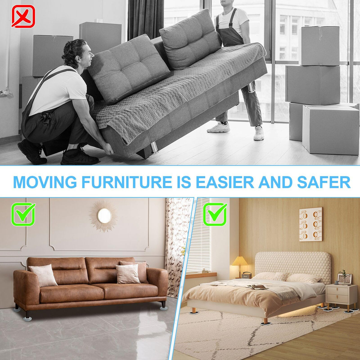 Kiss Core floor-protection view highlights scratch-free hardwood movement.
