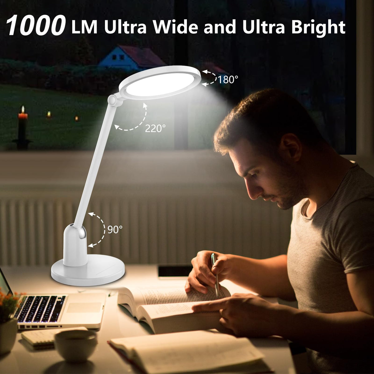 Kitloo desk lamp head-rotation enables precise lighting angles for study.