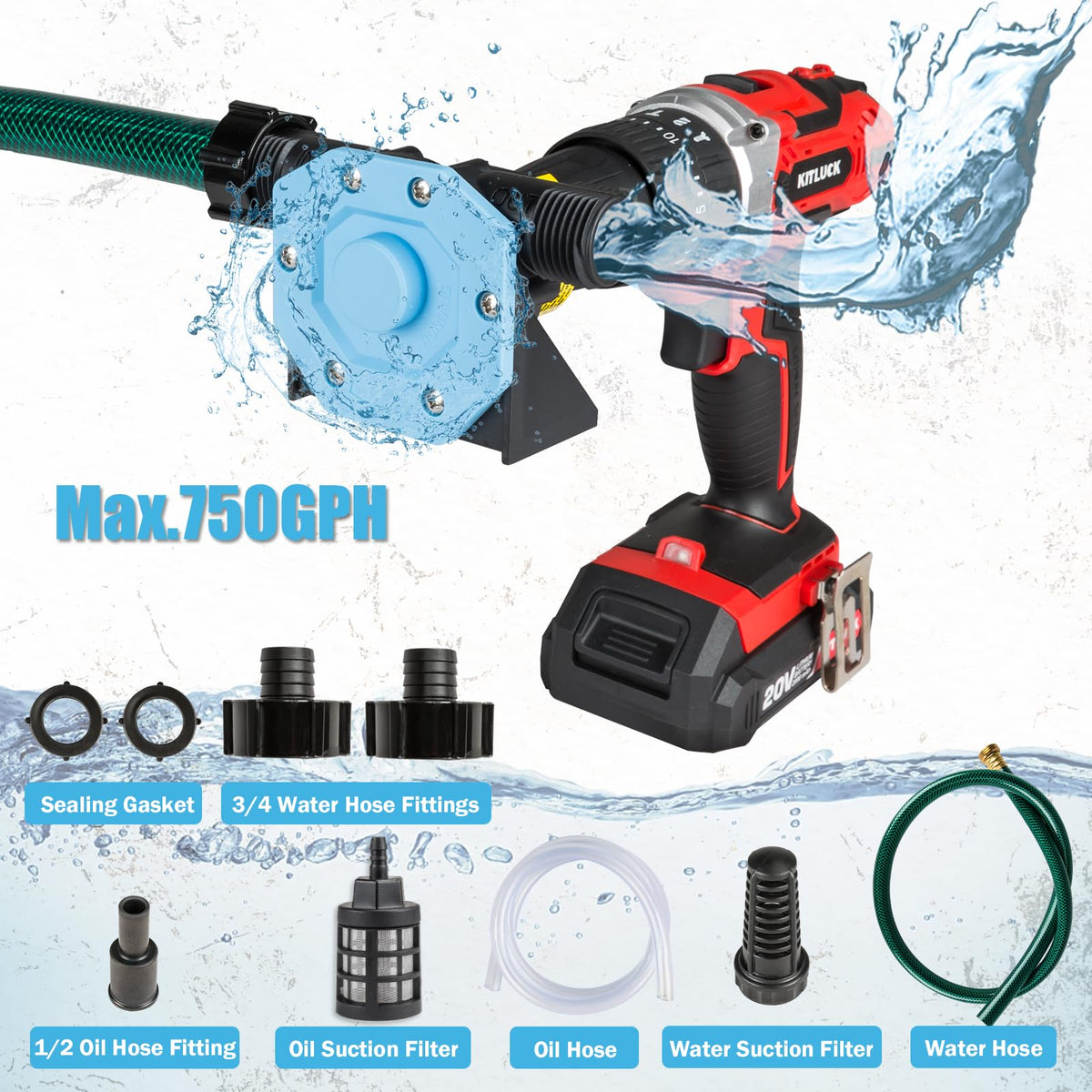 KITLUCK drill water pump with hose assembly for quick setup and transfers.