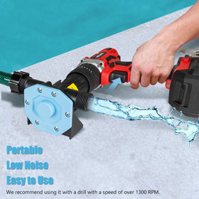 KITLUCK drill-powered pump in action transferring water from tub to bucket.