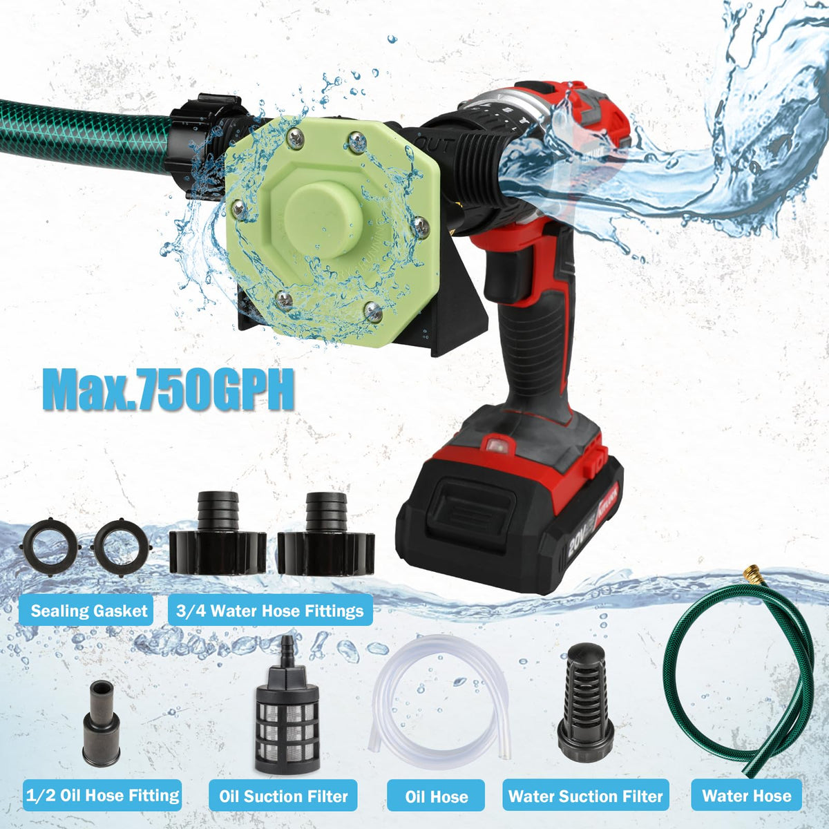 KITLUCK drill pump with hose and adapters for versatile liquid transfer