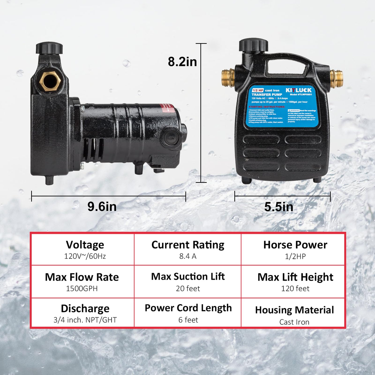 KITLUCK pump delivering 1500 GPH for fast water transfer.