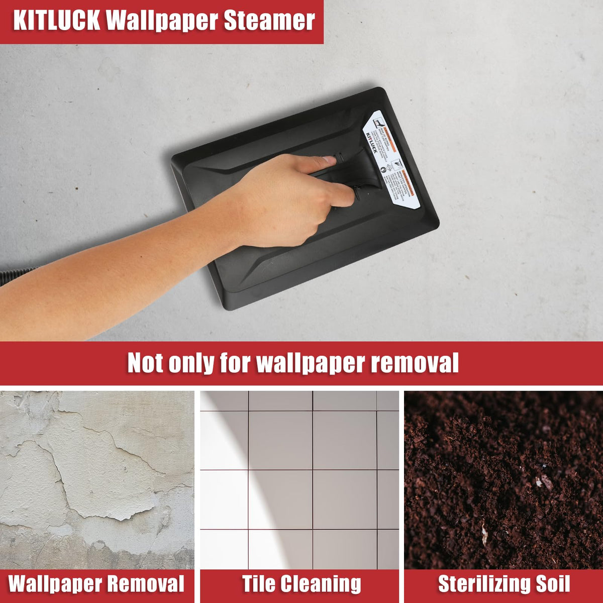 KITLUCK wallpaper steamer in use demonstrating safe removal on a wall.