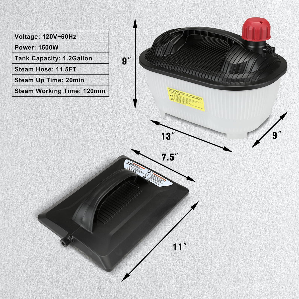 KITLUCK water tank detail highlights 1.2 gallon capacity for long sessions.