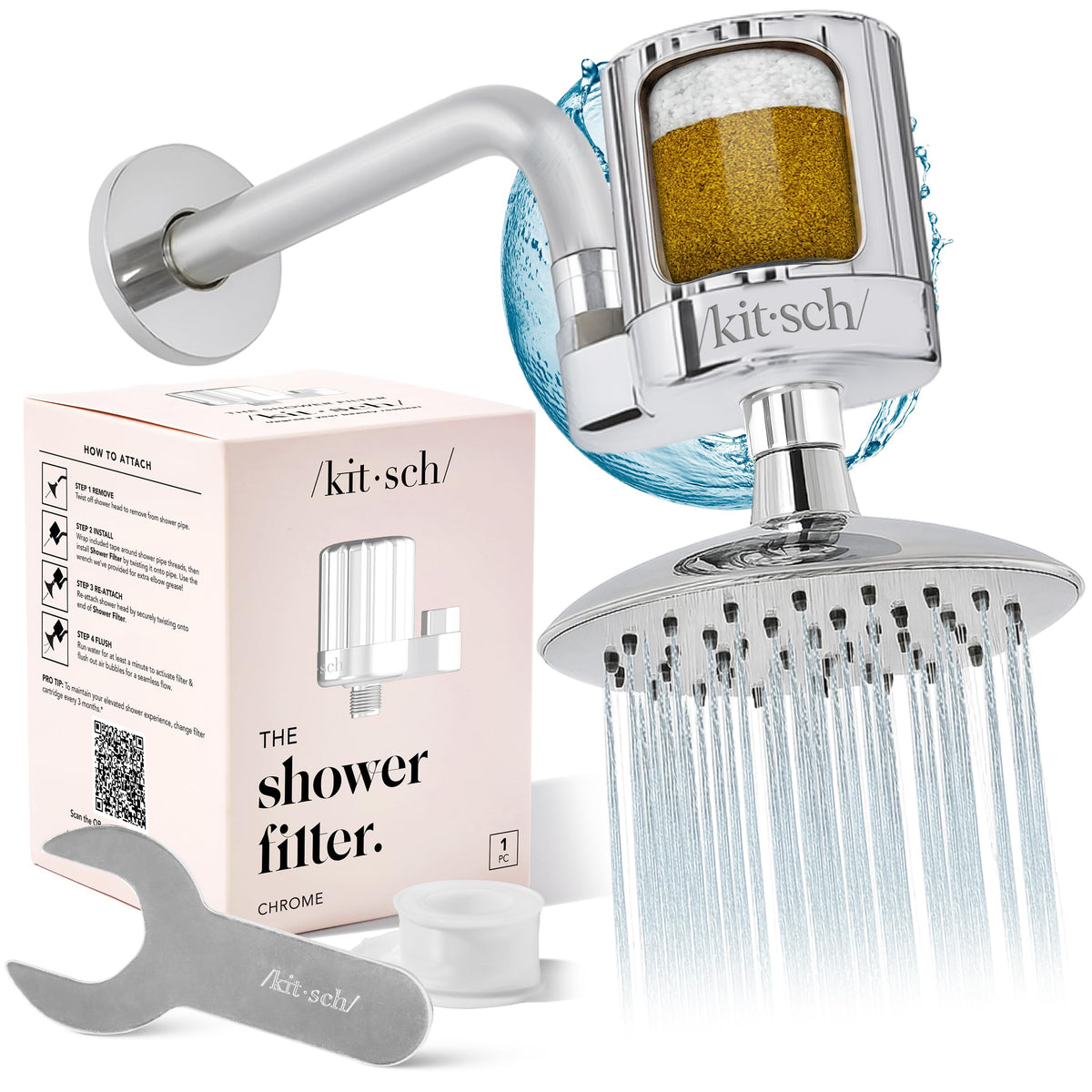 Kitsch chrome shower head filter on hard water for softer feel
