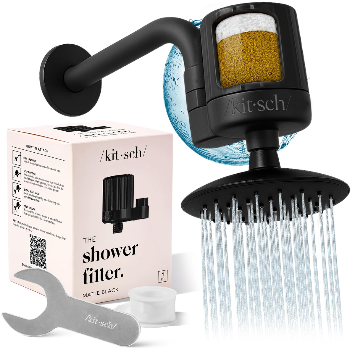 Kitsch shower head filter attached to a standard shower to reduce chlorine.