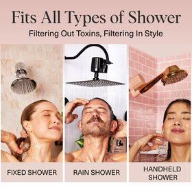 Spa-like shower routine enabled by Kitsch filter and soft water.