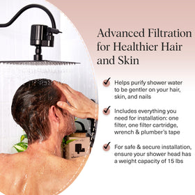 Universal-fit Kitsch filter installed on fixed shower head quickly.