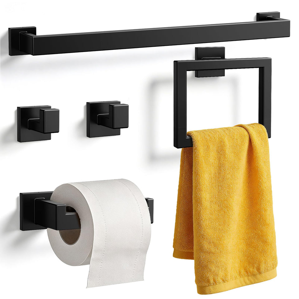 Kitsure 5-piece bathroom set on wall, unified style for a cleaner bathroom.