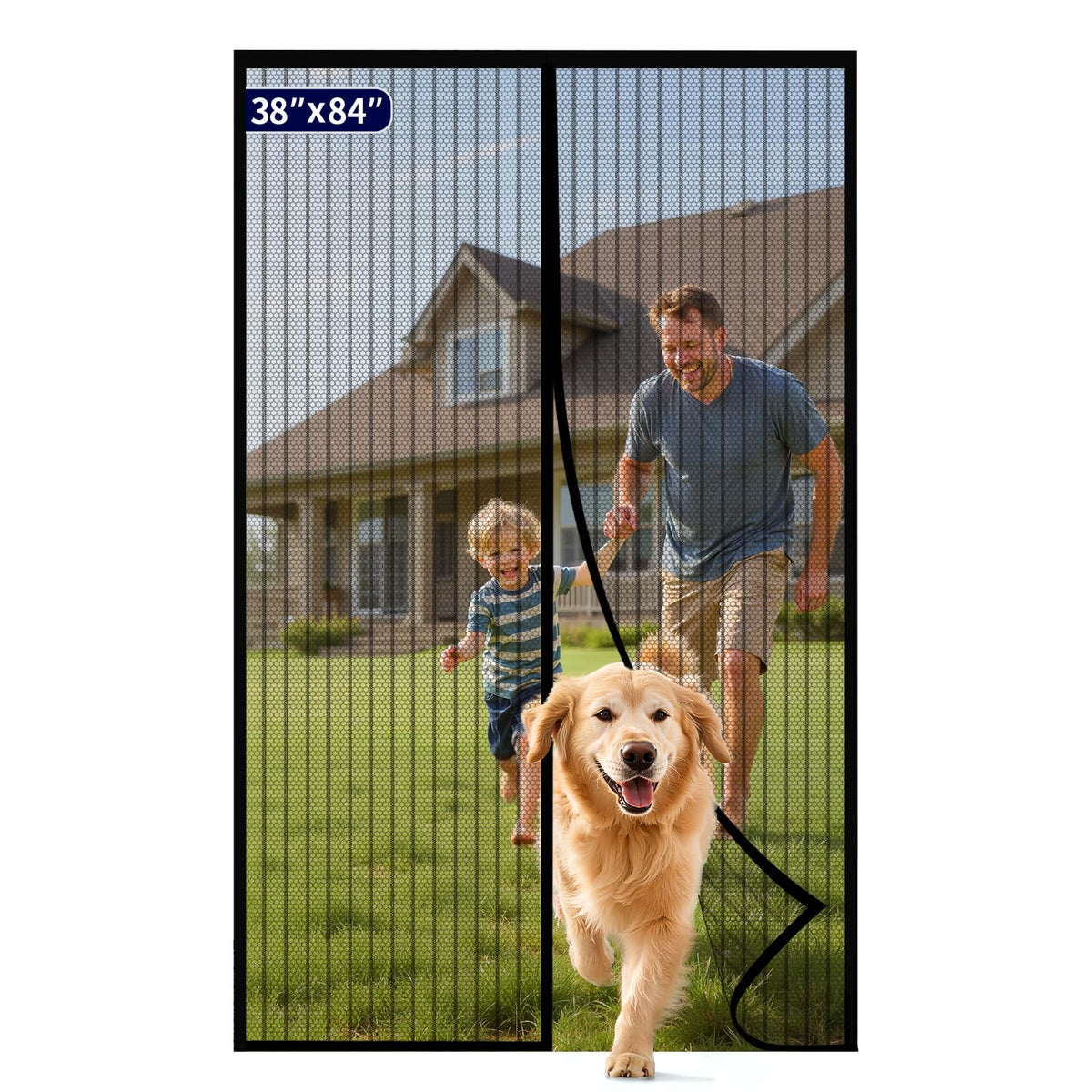 Kitsure magnetic screen door closure demonstrates hands-free passage for family and pets.