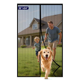 Kitsure magnetic screen door closure demonstrates hands-free passage for family and pets.