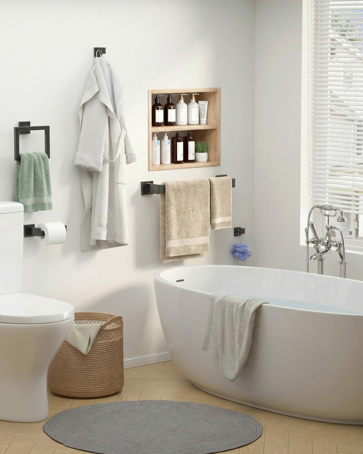 Kitsure multi-functional storage keeps towels, TP, and brushes organized.