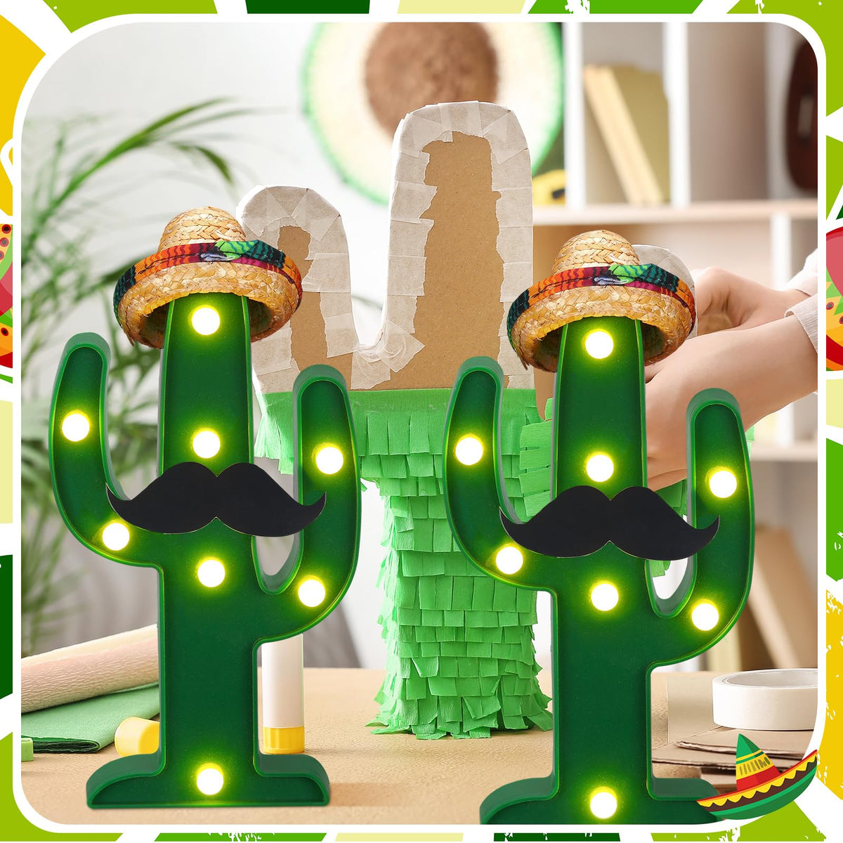Kittmip Fiesta sombrero hats on cactus enhance themed centerpiece visuals
