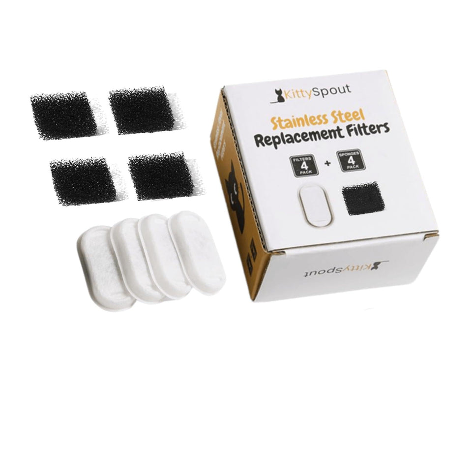 KittySpout Wireless 2.0 filter close-up, capturing hair and particles to keep fountain water clearer.