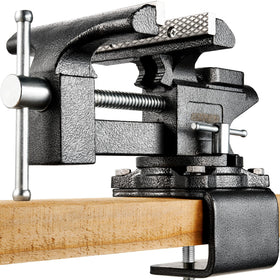 Kitvance 6-inch bench vise front view showing solid forged steel construction and precise clamping.