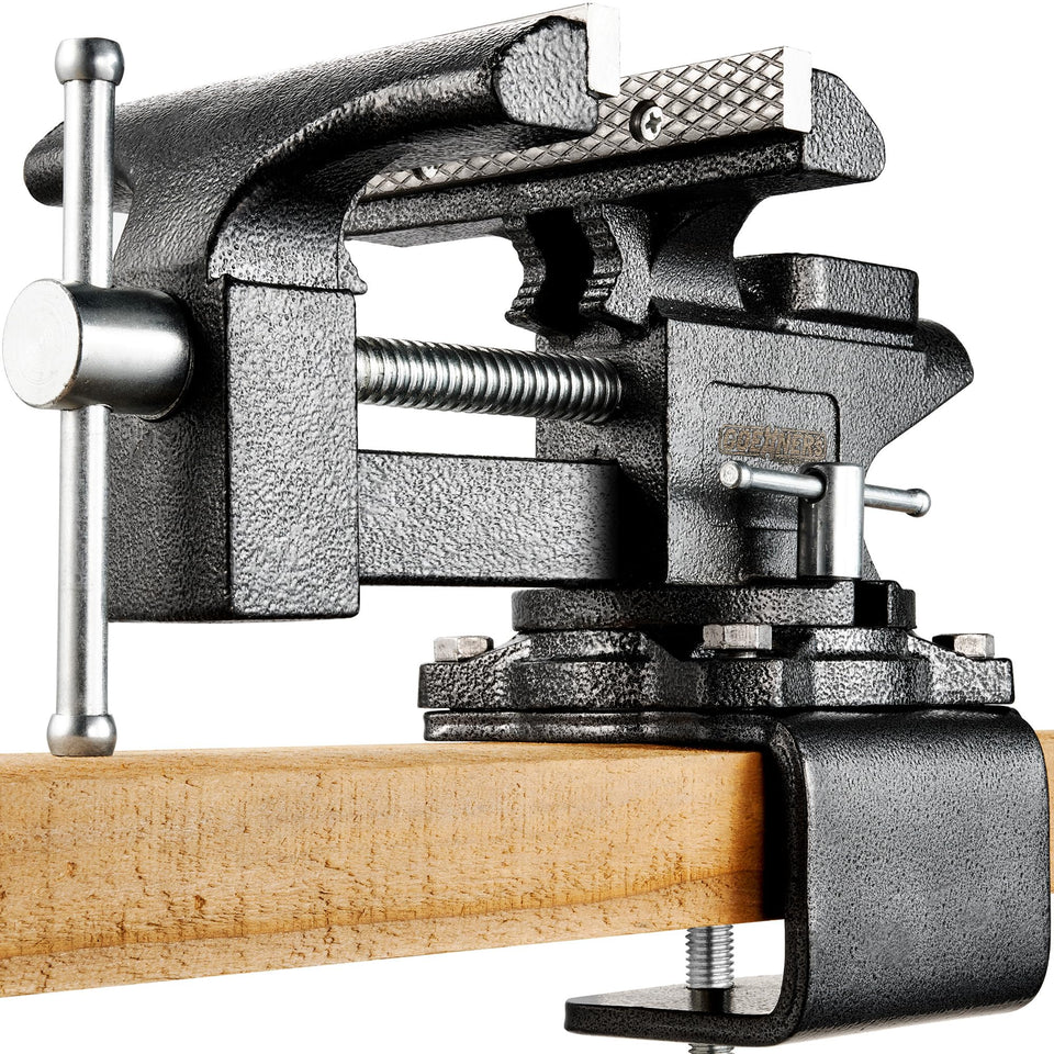Kitvance 6-inch bench vise front view showing solid forged steel construction and precise clamping.